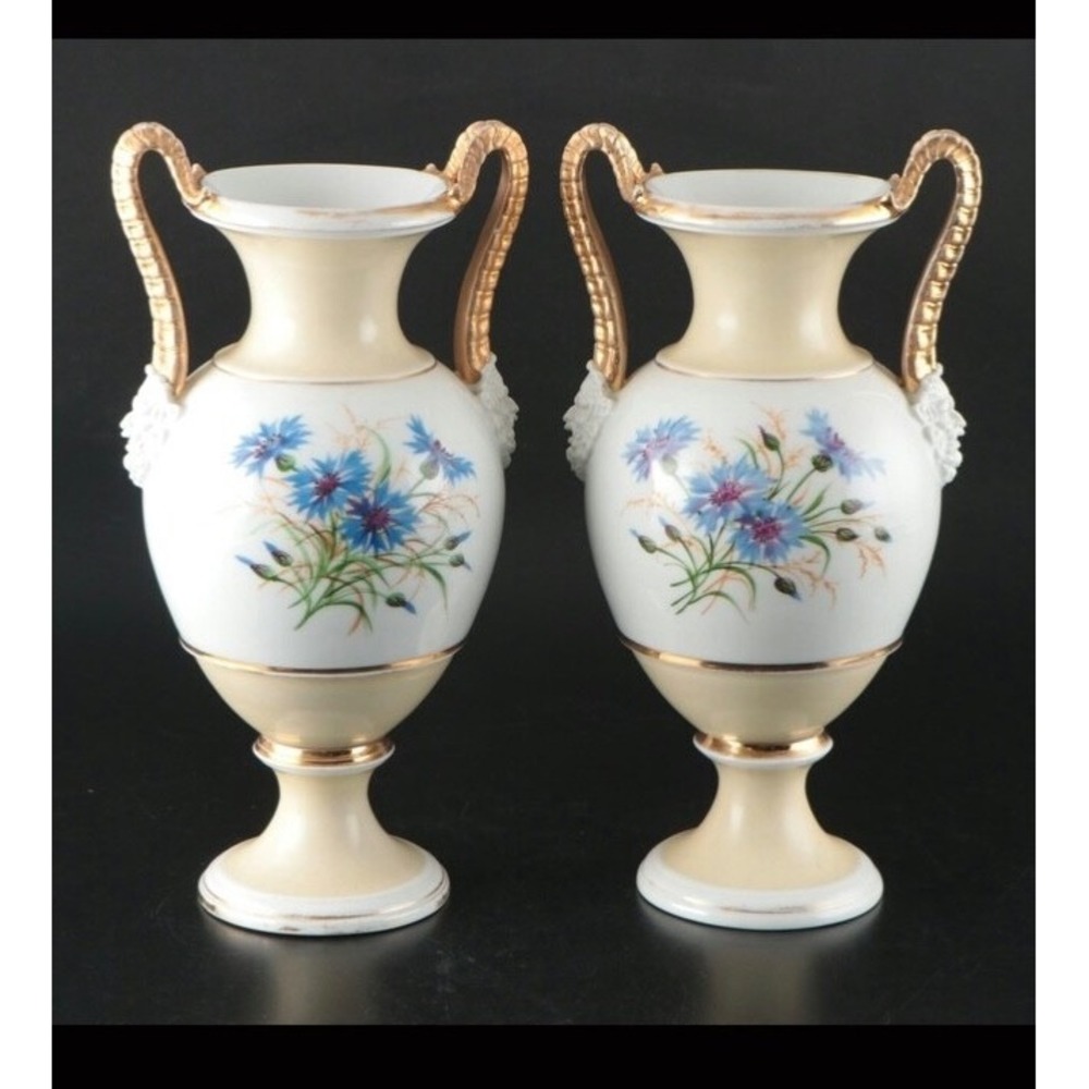 Bing & Grondahl set of 2 Porcelain Urn Vases with Bisque Satyr Head Handles